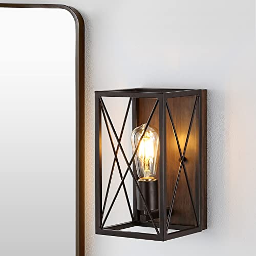 Image of JONATHAN Y 6 inch Oil Rubbed Bronze /Wood Finish 1-Light Iron Sconce, Farmhouse Rustic X-Frame Wall Lantern for Bathroom Hallway Entryway, Modern Industrial Lamp, LED Bulb Included JYL1310A