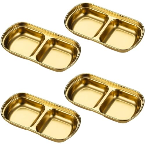 4個ステンレス製ソース皿、仕切り付き調味料ディップボウル、2区分韓国風ケチャップソースボウル、酢醤油スパイス調味料トレー家庭用レストラン用