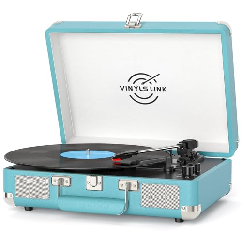 Image of Vinyl Record Player 3-Speed Bass Control Bluetooth Suitcase Portable Belt-Driven Record Player with Built-in Speakers RCA Out Headphone Jack Vintage Turntable Blue