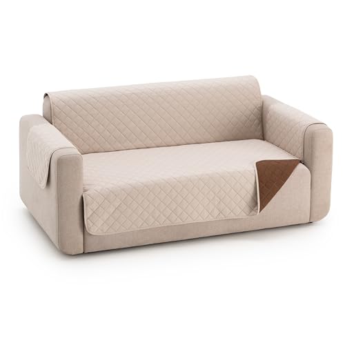 fundabel® Funda Cubre Sofá Due Acolchada Reversible, 3 Plazas (160 cm), Color Beige/Marron Protector de Sofá Universal, Tacto Suave y Resistente, Ideal para Mascotas, Fabricada en España
