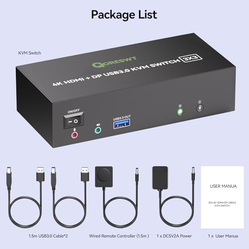 Image of KVM Switch 3 Monitors 2 Computers with Audio, HDMI + DisplayPort Triple Monitor KVM Switches, 3 Monitor KVM Support 4K@60Hz for 2 PC Share 3 Display and 4 USB 3.0 Devices