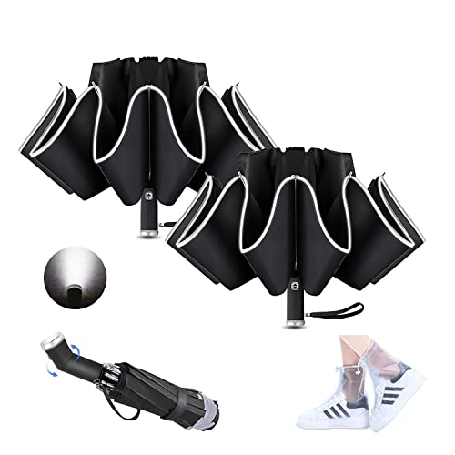 Splaks Compact Travel Umbrellas For Rain, 2 Pack Large Windproof Reverse Rain Umbrellas With Shoe Covers - Portable, 47.3 Inchs, Led Flashlight & Reflective Stripes For Night Safety (Black) #TOP10