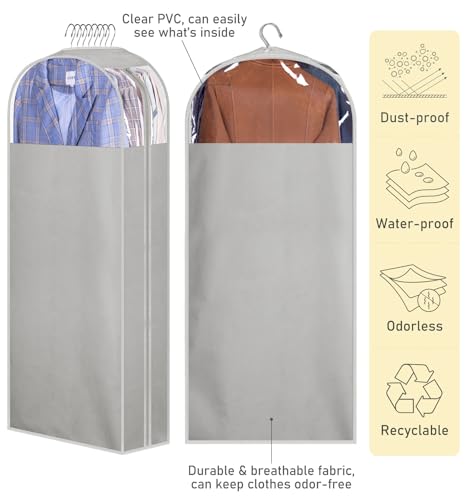 MISSLO 10" Gusseted Garment Bags for Hanging Clothes 50" Long Dress Bags for Closet Storage Dress Cover for Suits, Coats, 3 Packs, Grey