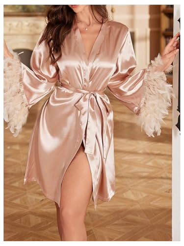 GORGLITTER Women\'s Sexy Feature Silk Robes Satin Bridal Kimono Nightgown Robes Party Bridesmaid Bathrobes Champagne Small