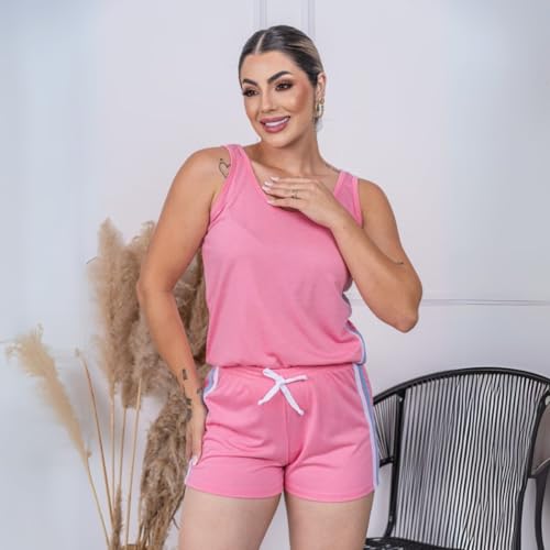 Pijama Curto Feminino Adulto Blusa Regata Short De Dormir (BR, Alfa, G, Regular, Regular, Rosa)