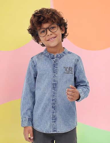 Image of Amazon Brand - Symbol Boys 100% Cotton Regular /Mandarin Collar Denim Shirt | Full Sleeves | Regular Fit | Age 2-14 Years