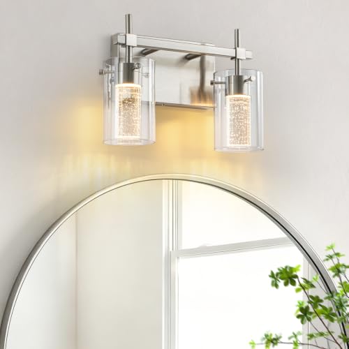 Image of 2-Light Brushed Nickel Vanity Light with 3 Color Modes (3000K /4000K /6000K), Eye Protection LED Bathroom Light Fixture, Dimmable Modern Wall Light Over Mirror with Clear Glass Shade