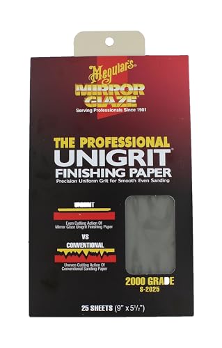 Meguiar's Unigrit Finishing Paper - 2,000 Grit - Pro Wet/Dry Sandpaper, Fast and Even Cutting Action with Smooth Sanding Pattern That Eliminates The Risk of Deep, Uneven Sanding Scratches, 25 Sheets