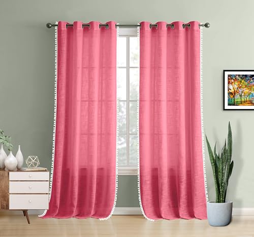 Image of THE LINEN COMPANY Cotton Sheer Grommet Curtains with Side Border Pompom Sheer Curtain for Window Linen Textured, Light Filtering, Pack of 2 (Pink, 5 Feet)
