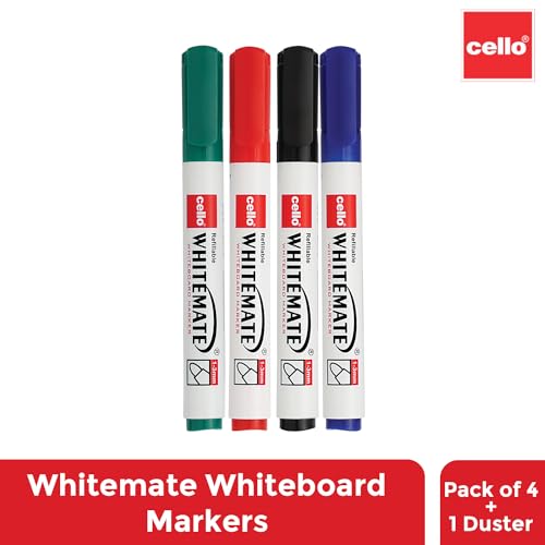 Cello Whitemate Whiteboard Markers | Set Of 4 Markers And 1 Duster | 4 Assorted Ink Colours | Bold Point Marker Pens With Easily Refillable And Erasable Ink | Writes Longer. (Image - 3)