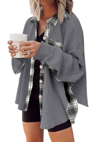 SHEWIN Womens Waffle Knit Plaid Shacket Button Down Shirts Jacket