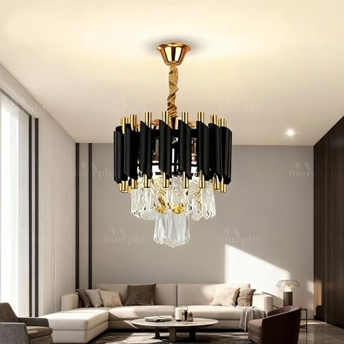 Image of Murphy Black Mamba Black & Gold Crystal Pendant Light (Pack of 1) | 12 Inch Round Luxury Ceiling Chandelier with Metal Frame & Crystal Tubes for Living Room, Dining Room, Bedroom & Hall (300MM)
