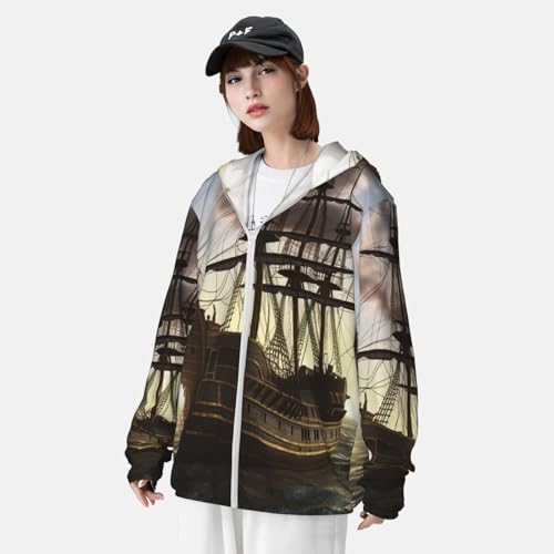 Men's Sun Protection Shirts Pirate Ship and Sea Long Sleeve Sun Shirt for Fishing Running Hiking Swim4