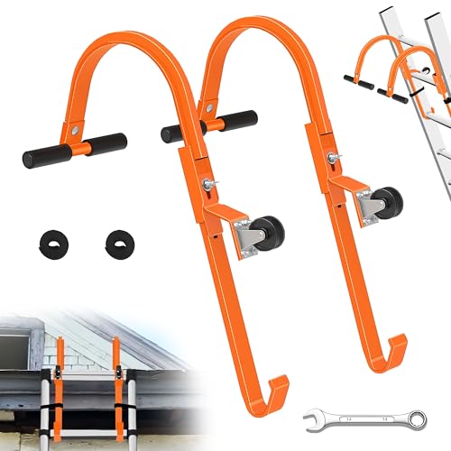 VONLX 2 Pack Ladder Roof Hooks, Heavy Duty Steel Extension Ladder Roof Stabilizer with Wheels for Roof Extension with Rubber Grip T-Bar, 500 lb Load Capacity, Easy to Access Steep Roofs