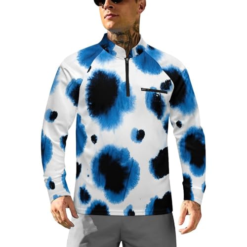 Watercolor Leopard Blue Tie Dye Men's Rash Guard Long Sleeves Quick Dry Fishing Workout Shirts with Zipper