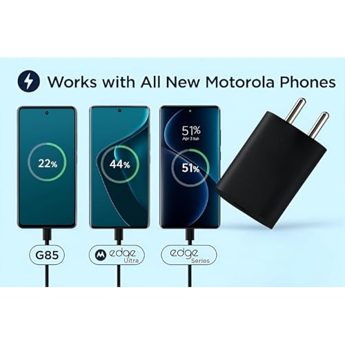 Image of Original 68W Motorola TurboPower Type-C Wall Charger + 1 M 6.5 Amp Cable, Gan Tech, Fastest for Moto Edge 60 Ultra, 60 Pro, 60 Fusion, 50 Ultra, 50 Pro, 50 Fusion, Moto G85, G73, G40, Tablet, Black