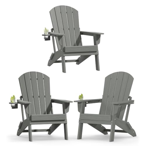 Image of Plawdlik Folding Adirondack Chair Set of 3, Cup Holder, Gray | pin-free folding, 38-in tall back, Wood-grain All-weather HDPE; for fire pit, poolside, deck, backyard, patio