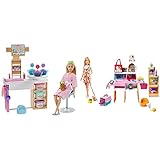 El conjunto incluye una muñeca barbie con bata y zapatillas de spa, su cachorrito, un puesto de mascarillas con 2 moldes, 3 cubos de masa barbie de colores, un rotulador para imperfecciones y más de 10 accesorios para disfrutar de una rutina facial rejuvenecedora