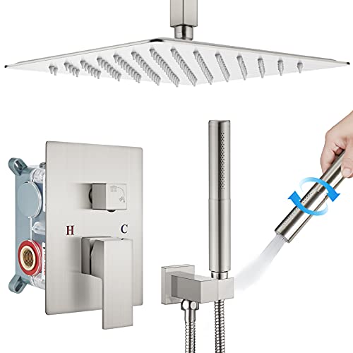 Ceiling Mount Shower Faucet Set 12 Inch Square Showerhead Bathroom Rainfall Shower System Brushed Nickel SUS304 Stainless Steel Shower Trim Kit 2 in 1 Cylindrical Handheld shower with Rough-in Valve