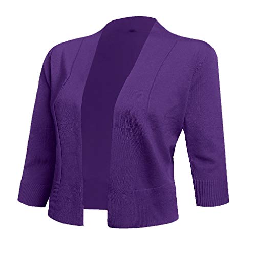AAMILIFE Womens 3/4 Sleeve Cropped Cardigans Sweaters Jackets Open Front Short Shrugs for Dresses (X-Large Purple)