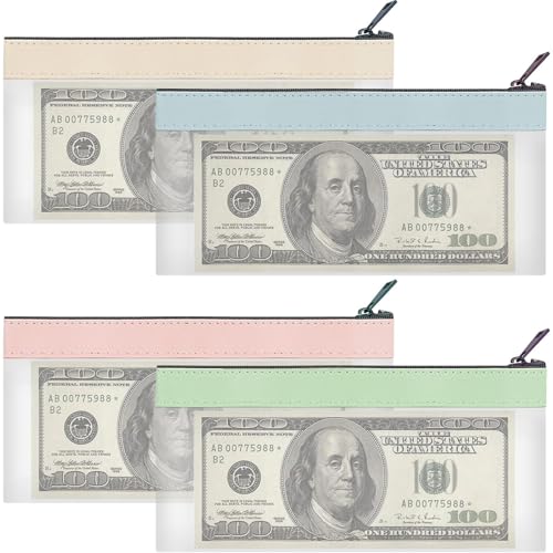 ARROMI 4 Pcs Money Pouches for Cash, Zipper Closure, Waterproof, 4 Colors (Green, Pink, Blue, Off-White), Rectangular, Synthetic, Storage Bag, Financial Transactions, Document Storage, Travel