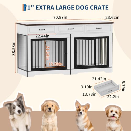 PeacefulHues Heavy Duty Double Dog Crate Furniture for 2 Medium/Large Dogs - 70.9" Wooden Indoor Kennel with 3 Drawers - Multi-Functional End Table & TV Stand - Chew Resistant - White + Walnut Color by PeacefulHues - Image 5