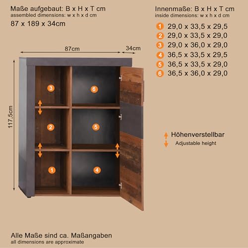 trendteam smart living - Indy - Wohnwand - Eiche/Grau - Anbauwand mit Stauraumvitrine, Stauraumelement, TV-Unterschrank und Wandboard - (BxHxT) 343 x 189 x 40 cm - antikfarbene Griffe