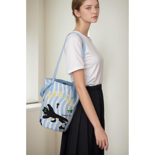 Image of Shoulder Bag for Women, Cotton Canvas Bucket Bags Tote Purse Cute Crossbody Bag Designer Ladies Handbags