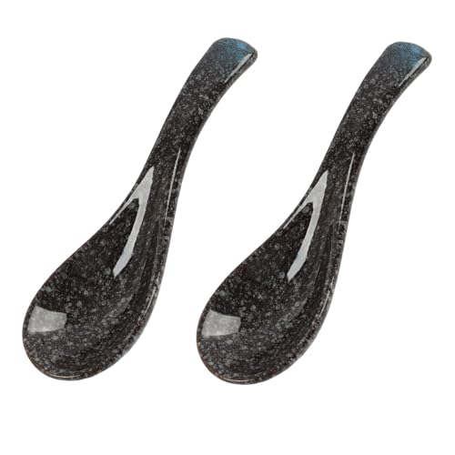 2 PCS Stile Giapponese Ceramica Blu Zuppa Retro Ramen Scodella Manico Corto Minestra Cucchiaio, da Zuppa per Ramen, Minestra e Dessert, Cucchiai in Porcellana Creativi per Uso Quotidiano (Blu scuro)