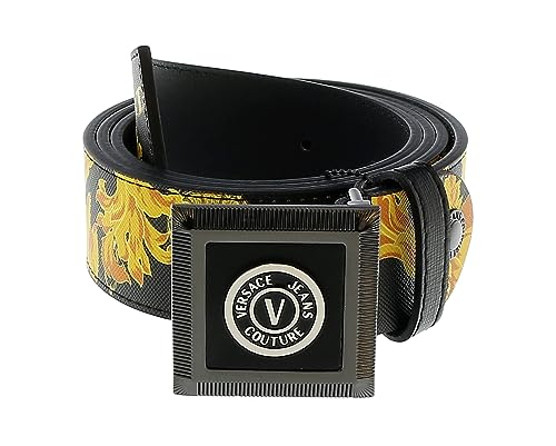 VERSACE JEANS COUTURE Black/Gold V-Emblem Square Buckle Chain Print Mens Belt-38 for Mens