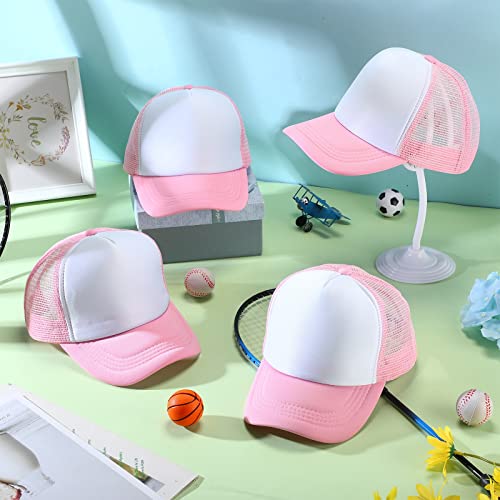 24 Pcs Trucker Hat For Kids Summer Polyester Mesh Cap Adjustable Sublimation Blank Hats Baseball Caps For Outdoor (Pink, White) #TOP3