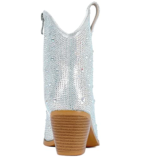 Seborluys Women's Rhinestone Cowboy Boots With Crystals Chunky Glitter Western Ankle Boots Wedding Cowgirl Boots For Bride Size 6.5,Silver #TOP3