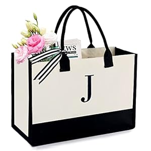 BeeGreen Birthday Gifts For Women 13oz Canvas Tote Bag with Pocket Initial Gifts For Sister Mom Friends Teacher