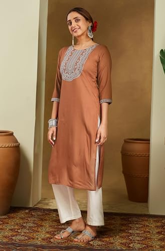 Image of Janasya Women's Rayon Embroidered Straight Kurta
