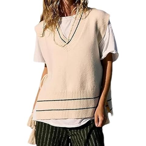 Bozanly Sweater Vest for Women Casual Loose V Neck Sleeveless Side Tie Ribbed Knit Tank Top(0920-Beige-S) Cover