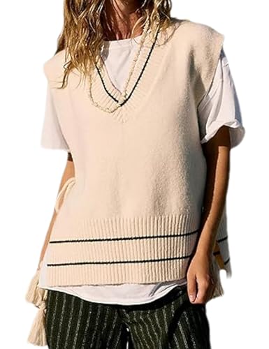 Bozanly Sweater Vest for Women Casual Loose V Neck Sleeveless Side Tie Ribbed Knit Tank Top