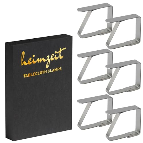 heimzeit Pinzas para Sujetar Manteles de Acero Inoxidable [6 Piezas, 6,5 cm] Color: Plateado, Sujetamanteles para Uso Exterior e Interior, Pinzas para Mesas con un Grosor máximo de 3-5 cm
