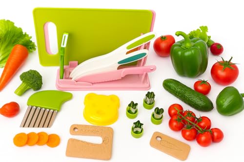 Katybella Kids Kitchen Tools,15 Pieces Kids Cooking Sets with Stand Organizer for Toddlers Chef with Children Safe Knives Cutting Set Birthday Gift