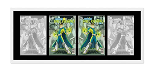 Comic Book Frame White Matted For Comics Published Between 1986 and Present Day (Silver Age Comic Solid Wood Frame) Made to Showcase 4 Comics Under UV Acrylic with Acid Free Black Matting Horizontal