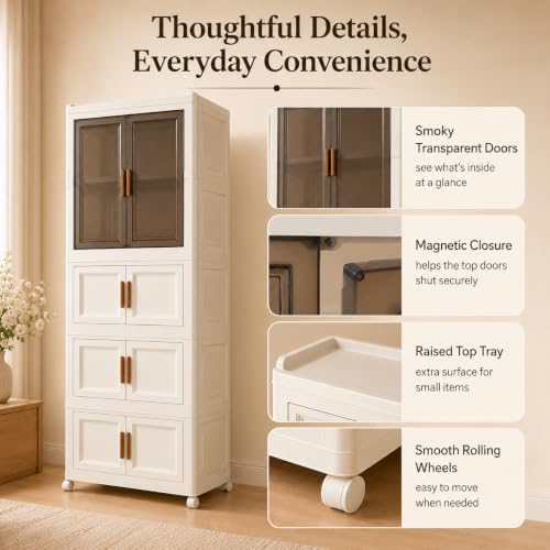 Image of KRISHYAM 4-Tier Plastic Storage Cabinet with 1 Transparent Door & Wheels, Smoky Translucent Doors, Multipurpose Clothes Organizer for Bedroom & Home, 159 x 69 x 34 cm