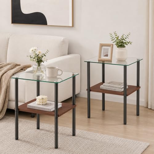 Image of Glass Side Table Set of 2, 16.3'' Small End Table, Square Sofa Side Table with Tempered Glass Top and Metal Legs, Minimalist Accent Table for Living Room, Bedroom, Easy Assembly