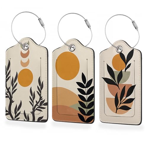 Set of 3 Luggage Tags,Abstract Minimalist Botanical Painting Leather Suitcases Tag Identifiers with Privacy Name Address Labels & Durable Steel Loop for Women Men Travel