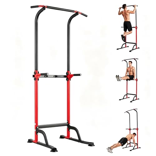 Pull Up Bar for Home Gym Heavy Duty Dip Station with 330LBS Capacity Multi-Function Pull Up & Dip Stand for Strength Training Chin Ups Push Ups 1.2mm Steel Tube Red