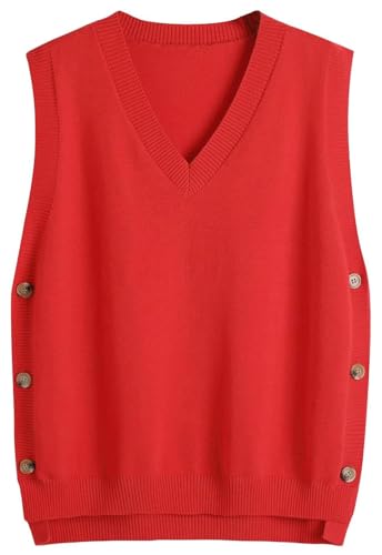 SUNSESS Débardeur pour femme avec col en V sans manches - Gilet en tricot avec boutons latéraux - Débardeur asymétrique côtelé, rouge, XL