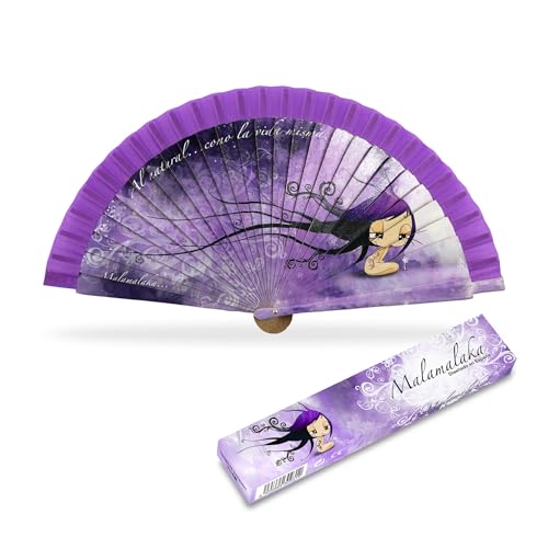 Malamalaka |Abanico De Madera Ilustrado con Diseño Original | Abanico para Ocasión con Estilo | Original | Tamaño de 23 cm | Fácil De Utilizar | Exclusivos para Regalo | Mandala Lila Oscuro