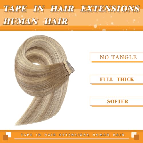 Image of YDDM Balayage Medium Brown Mixed Dark Blonde Tape in Hair Extensions Human Hair 16 Inch 20pcs Remy Human Hair Extensions Tape in Straight Seamless Skin Tape in Hair Extensions(10 /10 /22#, 16 Inch)