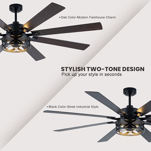 Image of Dawn Whisper Black Ceiling Fans with Lights 72 Inch Farmhouse Ceiling Fan with Remote Quiet Reversible DC Motor 6 Speeds 8 Blades Large Industrial Chandelier Fan for Living Room Bedroom