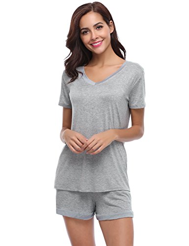 Aibrou Women's V Neck Short Sleeve Sleepwear Cotton Pajama Set, Gray, X-Large
