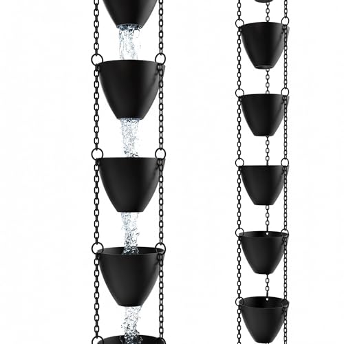 Rain Chains Direct Cascading Bowls Rain Chain - ​H​eavy Rain Flow - for 8-10 Foot Drops - Heavy Duty - Large Cups - Durable ​Flat-Black Powder-Coated Aluminum - Premium Rain Chains for Gutters