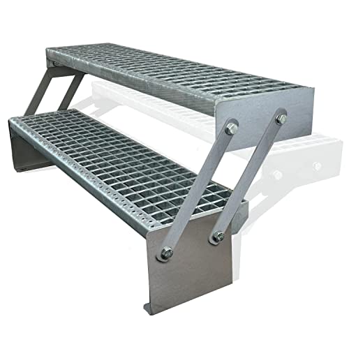 Kaminbau Mierzwa Premium Stahl Treppe Verstellbar Verzinkt 2 Stufen (Breite 60 cm) (Höhe 30-43 cm) Wetterfest Gitterroststufe Gartentreppe